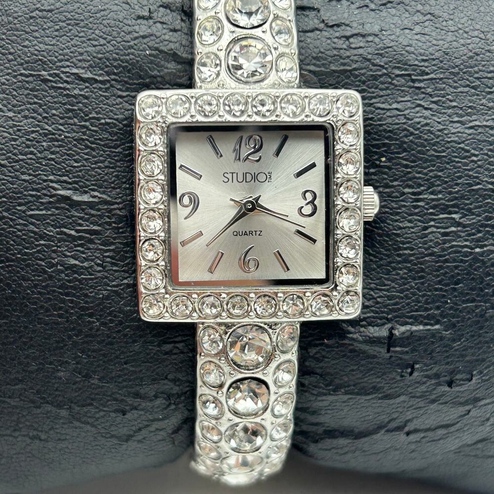 Studio Square Dial Silver Tone Embellished Women’s Quartz Cuff Watch Working